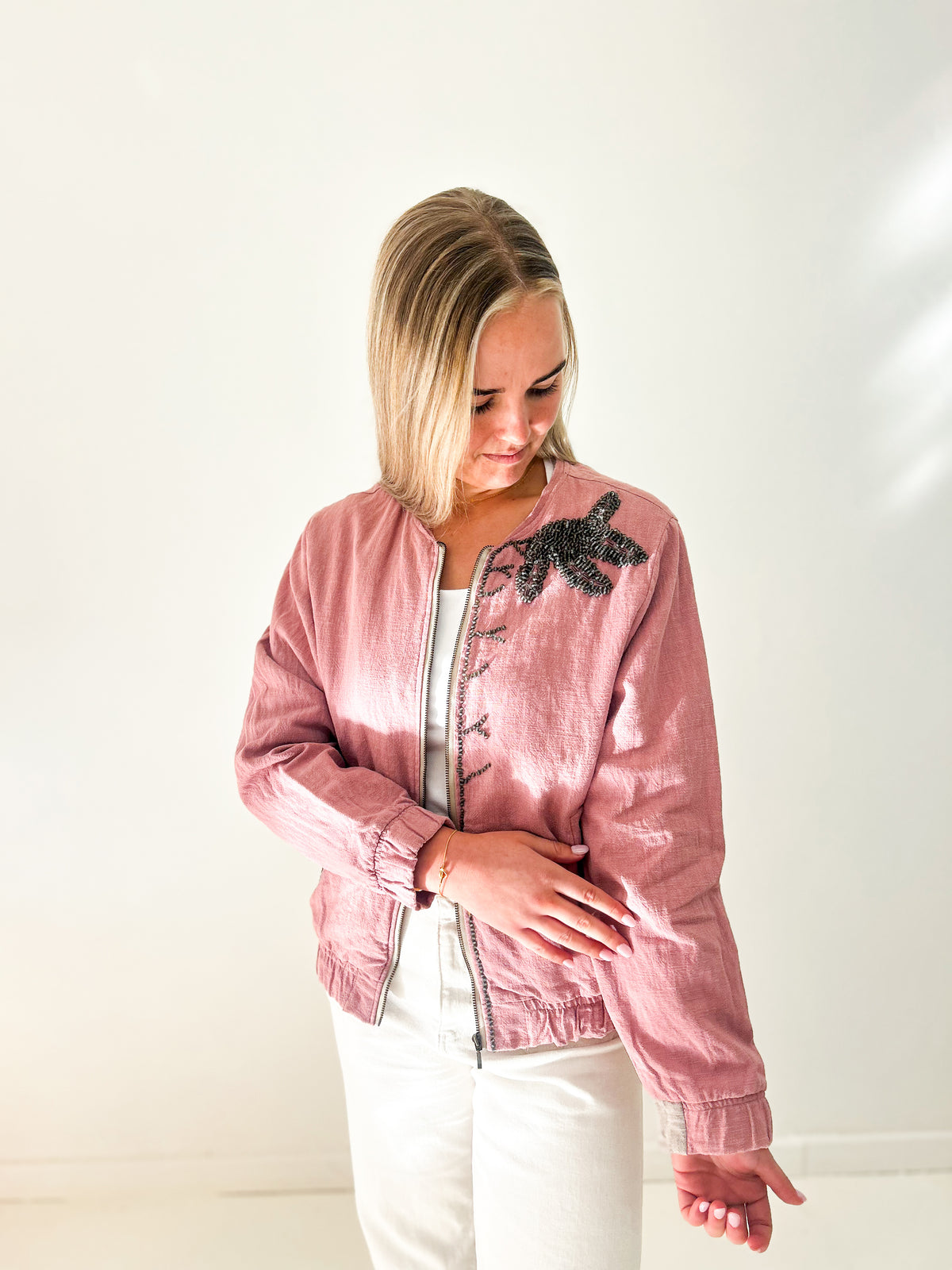 Irish Linen beaded Jacket Pink