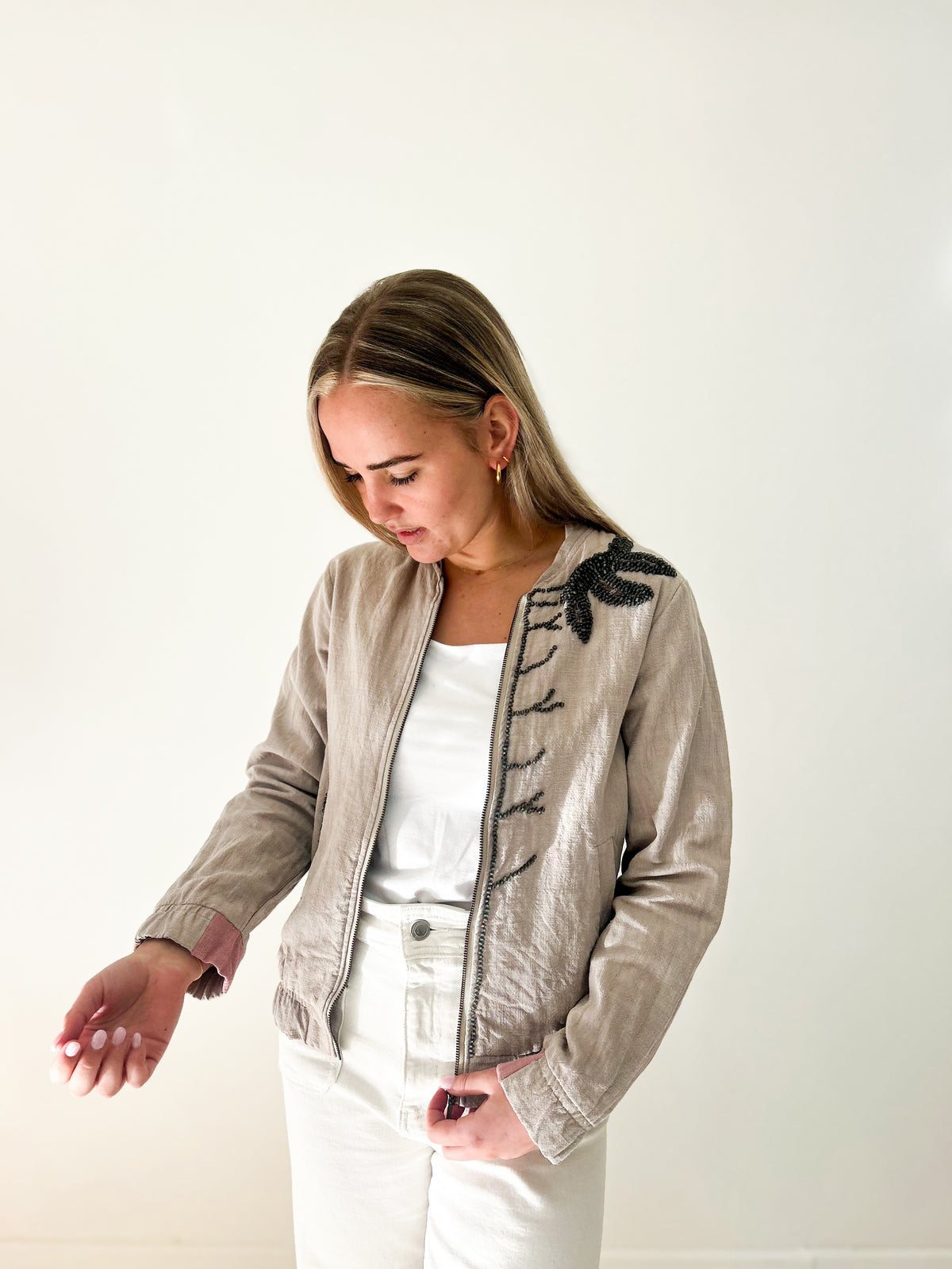 Irish Linen Beaded Jacket Beige