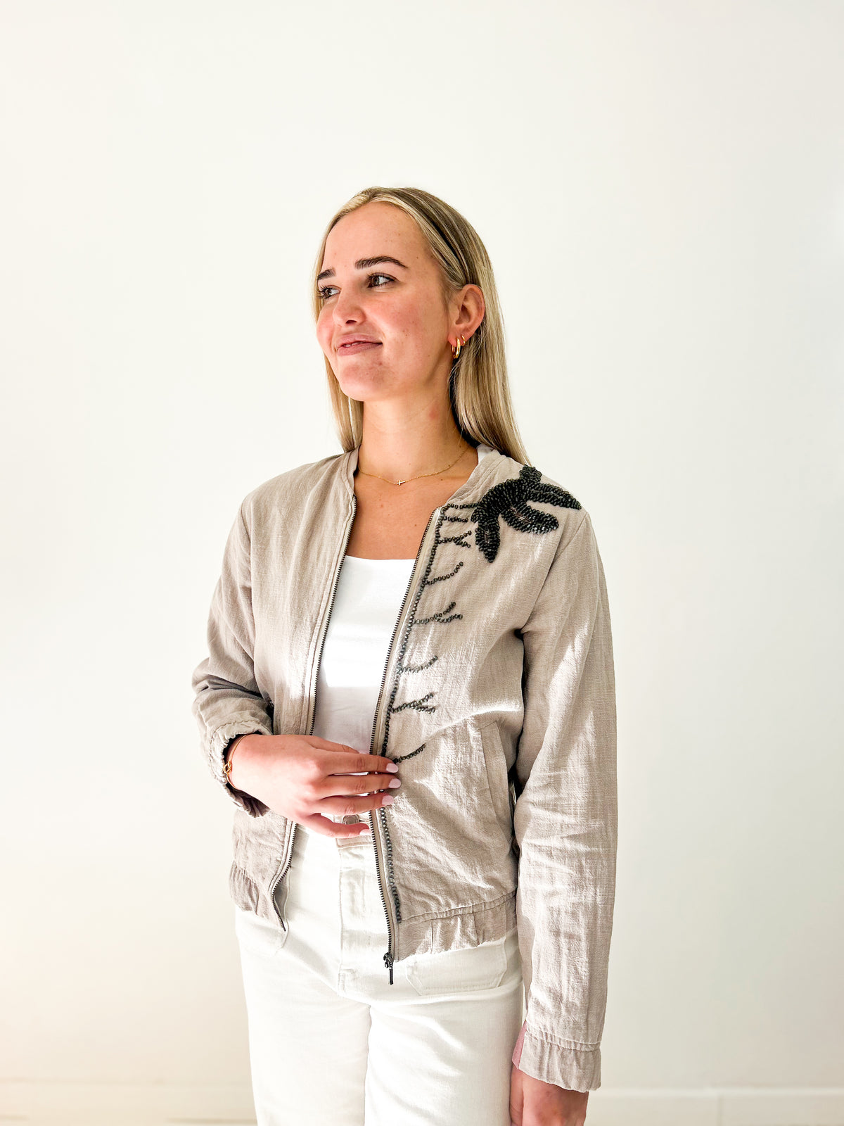 Irish Linen Beaded Jacket Beige