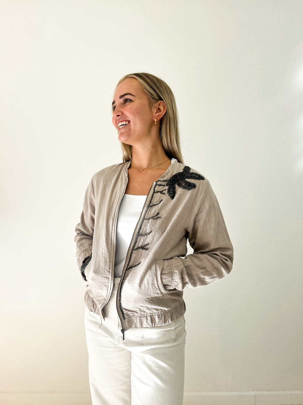 Irish Linen Beaded Jacket Beige